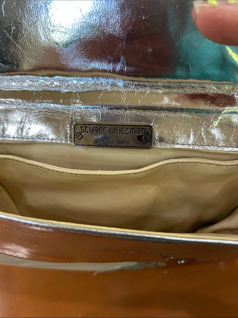 Stuart Weitzman Metallic Silver Envelope Clutch with Crystal Fan Detail